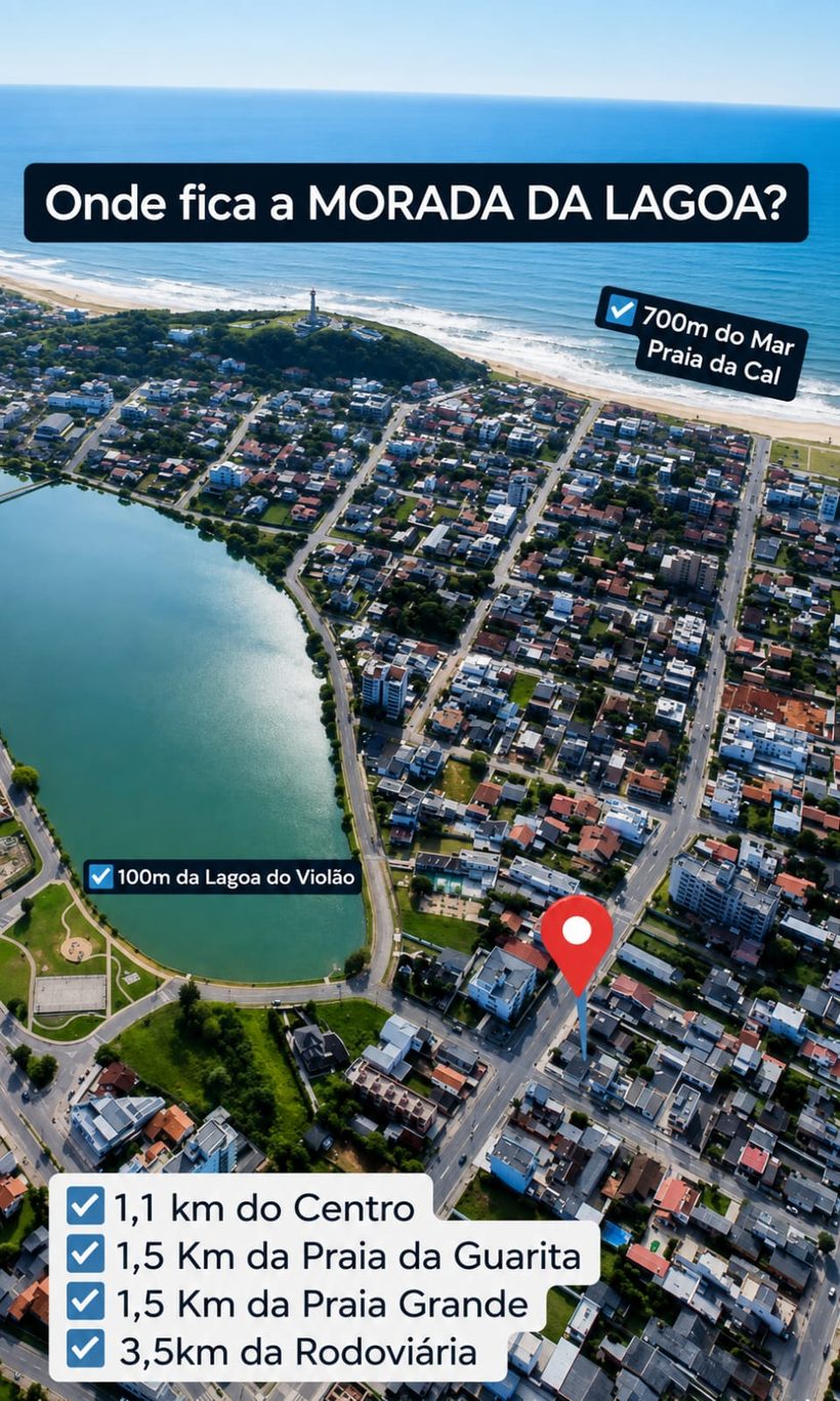 Mapa aéreo mostrando a localização da Morada da Lagoa entre a Lagoa do Violão e a Praia da Cal, em Torres